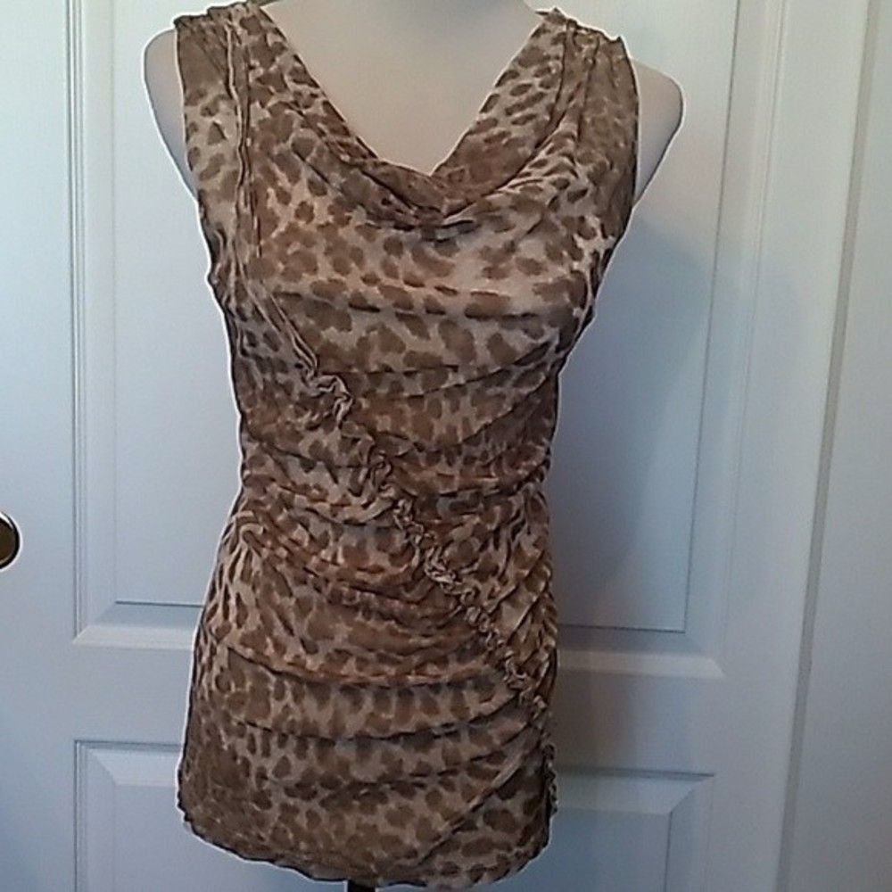 LEOPARD PRINT TOP MESH RUCHED SLEEVELESS COWL COWL NECK WOMENS SMALL NWOT